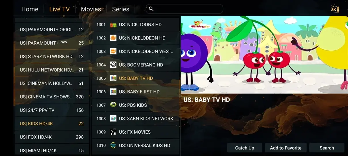 VOD filmer och serier meny i IPTV appen