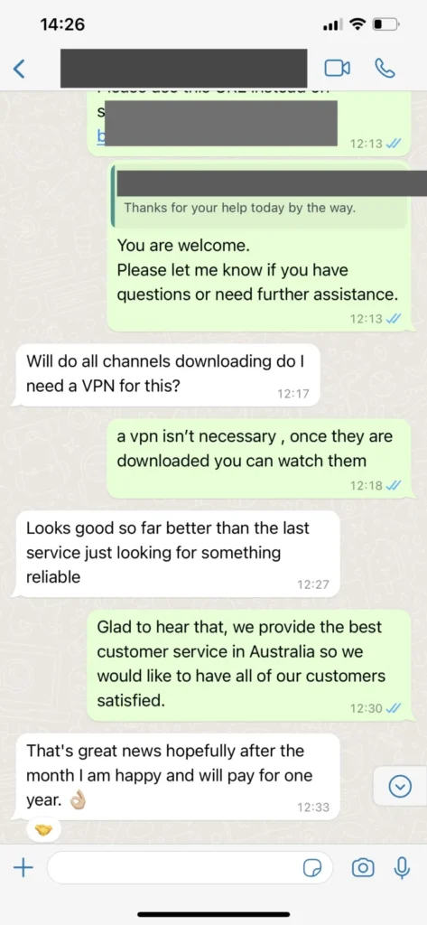 WhatsApp positiv feedback för IPTV Sverige